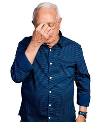 Sticker - Senior man with grey hair wearing casual shirt and glasses tired rubbing nose and eyes feeling fatigue and headache. stress and frustration concept.