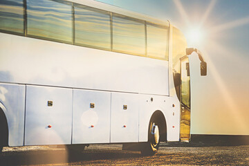 Wall Mural - white coach bus and the morning sun.