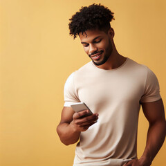 Smiling man using smartphone cell phones chat online in social network and mobile applications isolated