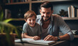 © pkproject - Father and son bonding together Father teaches child homework in living room, quality time at home