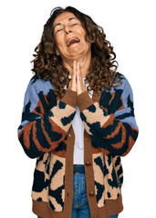 Sticker - Middle age hispanic woman wearing casual clothes begging and praying with hands together with hope expression on face very emotional and worried. begging.