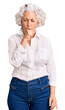 © Krakenimages.com - Senior grey-haired woman wearing casual clothes feeling unwell and coughing as symptom for cold or bronchitis. health care concept.