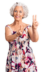 Poster - Senior grey-haired woman wearing casual clothes smiling looking to the camera showing fingers doing victory sign. number two.