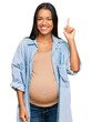 © Krakenimages.com - Beautiful hispanic woman expecting a baby showing pregnant belly pointing finger up with successful idea. exited and happy. number one.