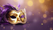 Mardi Gras mask with purple feathers on bokeh background