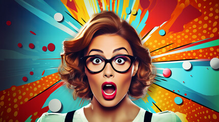 Wall Mural - Portrait of surprised woman in glasses in retro pop art style, astonishment on woman face with bold colors and dynamic shapes evoking spirit of 1960s, vintage advertising billboard of shocked female