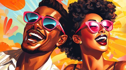 Wall Mural - Vibrant portrait in retro pop art style of laughing couple in sunglasses capturing playful comic book aesthetics, symbolizes enduring joy of togetherness adventures, vibrant vintage promotional poster