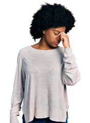 Sticker - Young african american woman wearing casual clothes tired rubbing nose and eyes feeling fatigue and headache. stress and frustration concept.