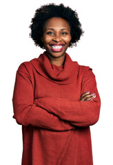 Wall Mural - African american woman with afro hair with arms crossed gesture smiling with a happy and cool smile on face. showing teeth.