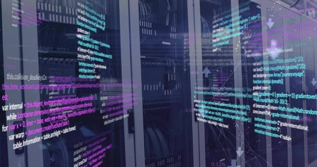 Animation of connected arrows and computer language over data server racks in server room