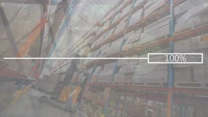 Poster - Animation of changing numbers in bar and line over low angle view of cardboard boxes in warehouse