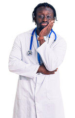 Poster - Young african american man with braids wearing doctor stethoscope and id pass thinking looking tired and bored with depression problems with crossed arms.