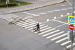 © nuclear_lily - Man crosses the road at a pedestrian crossing and carries a bicycle next to him. View from above.