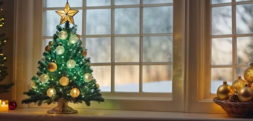 Sticker -  a christmas tree in front of a window and a christmas tree in front of a window and a christmas tree in front of a window and a christmas tree in front of windows.