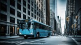 Fototapeta Nowy Jork - Blue Bus Beside Skyscrapers Photography