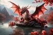 A red Dragon with outstretched wings in a fantastically beautiful world with a lake, pink flowering trees, high rocky mountains. The symbol of the year 2024 is an illustration.