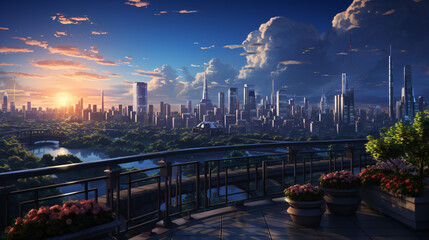 Wall Mural - Metaverse city skyline from the rooftop 3D render.