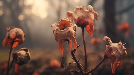 Poster -  a close up of a flower on a tree branch with a blur background of leaves and flowers in the foreground.