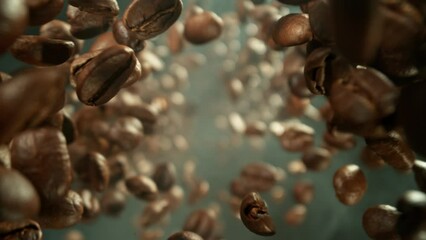 Aufkleber - Super Slow Motion of Rotating Falling Coffee Beans Isolated on Brown Background. Macro Shot, Smoke on Background. Filmed on High Speed Cinema Camera, 1000 fps.