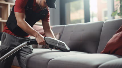 Service worker cleaning the sofa with vacuum cleaner