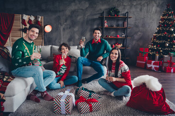 Wall Mural - Full length portrait of positive fellows sitting couch floor hold new year champagne glass decorated apartment indoors