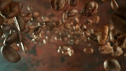 Aufkleber - Super Slow Motion of Falling Coffee Beans Isolated on Black Background. Macro Shot. Filmed on High Speed Cinema Camera, 1000 fps.