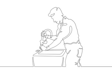 Wall Mural - Plumber in work clothes. Mechanic with a tool. Handyman. Wrench. Repair. One continuous line drawing. Linear. Hand drawn, white background. One line.