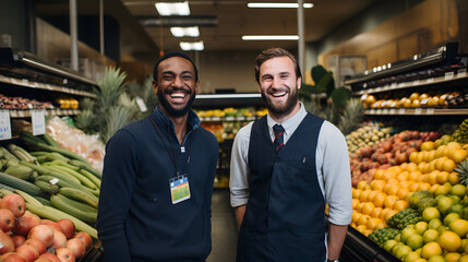 Grocery store workers laughing happily in their shop. generative ai.