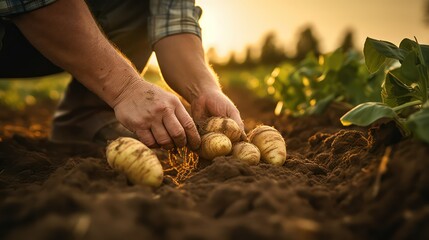 farmer planting potatoes in the field