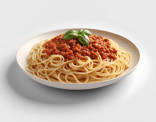 A plate of spaghetti with tomato sauce isolated on a white background.