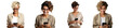 Set happy woman using mobile phone for texting or talking isolated on transparent white background, concept of social networks and modern communication