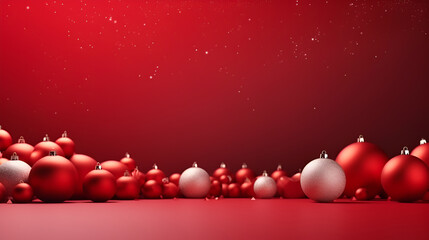 Wall Mural - Merry Christmas and Happy New Year promotional banner with red Christmas baubles ornaments on a red background with copy space for text