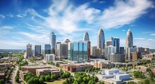 Aerial View Of Charlotte, NC Skyline And Financial District In North Carolina - A Luxurious US City Landscape