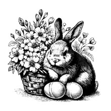 Easter Bunny With Flowers And Eggs, Hand Drawn Sketch In Doodle Style, Isolated On A White Background.