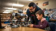 © sakir - school coding Teacher demonstrates mechanical robot programming to young students. generative ai.