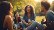 © sakir - Student friendship concept with multiracial classmate friends sitting together on the grass at campus college park. Millennial people having fun social gathering outside. Youth and edu. generative ai.