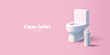 3D Cartoon Toilet with Tank with bottle of cleaning substance next to it. Wash hygienic equipment