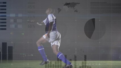 Wall Mural - animation of financial data processing over african american male football player