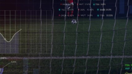 Wall Mural - animation of financial data processing over male football player kicking ball