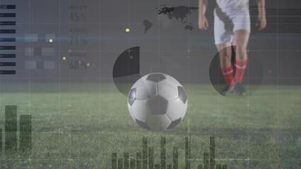 Wall Mural - animation of financial data processing over caucasian male football player on field