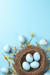 Easter eggs in a nest on a blue background