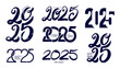 Big set 2025 Happy New Year logo text design. Numbers hand drawn, with a brush. Collection of 2025 number design template. Vector symbols decoration. Christmas vector illustration with black labels