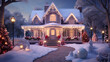 decorated house with christmas light snowy scene