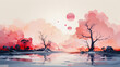 Abstract illustration of a panorama of dried trees with a lake.