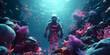 Diver in deep water with corals and fishes,Underwater Symphony: Diver Amidst Colorful Corals and Fish,Aqua Adventure: Scuba Diver Surrounded by Vibrant Coral Gardens