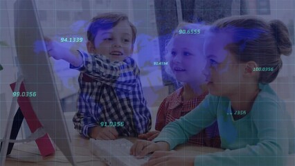 Wall Mural - animation of financial data processing over diverse schoolchildren using computer