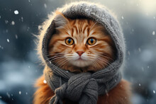 Cute Cat In The Snow, In A Winter Forest, Wearing A Hat And Scarf. Space For Text