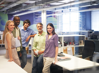 Sticker - Portrait, startup and happy professional people together in solidarity, unity and smile for small business group. Job career experience, diversity and confident sales workforce in coworking office