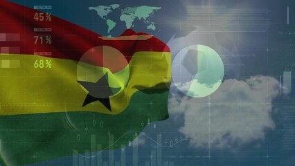 Wall Mural - animation of financial data processing over flag of ghana