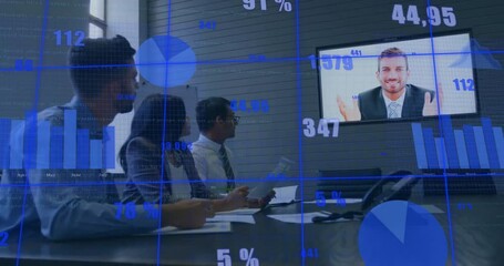 Poster - Animation of data processing and statistics over diverse businesspeople in office